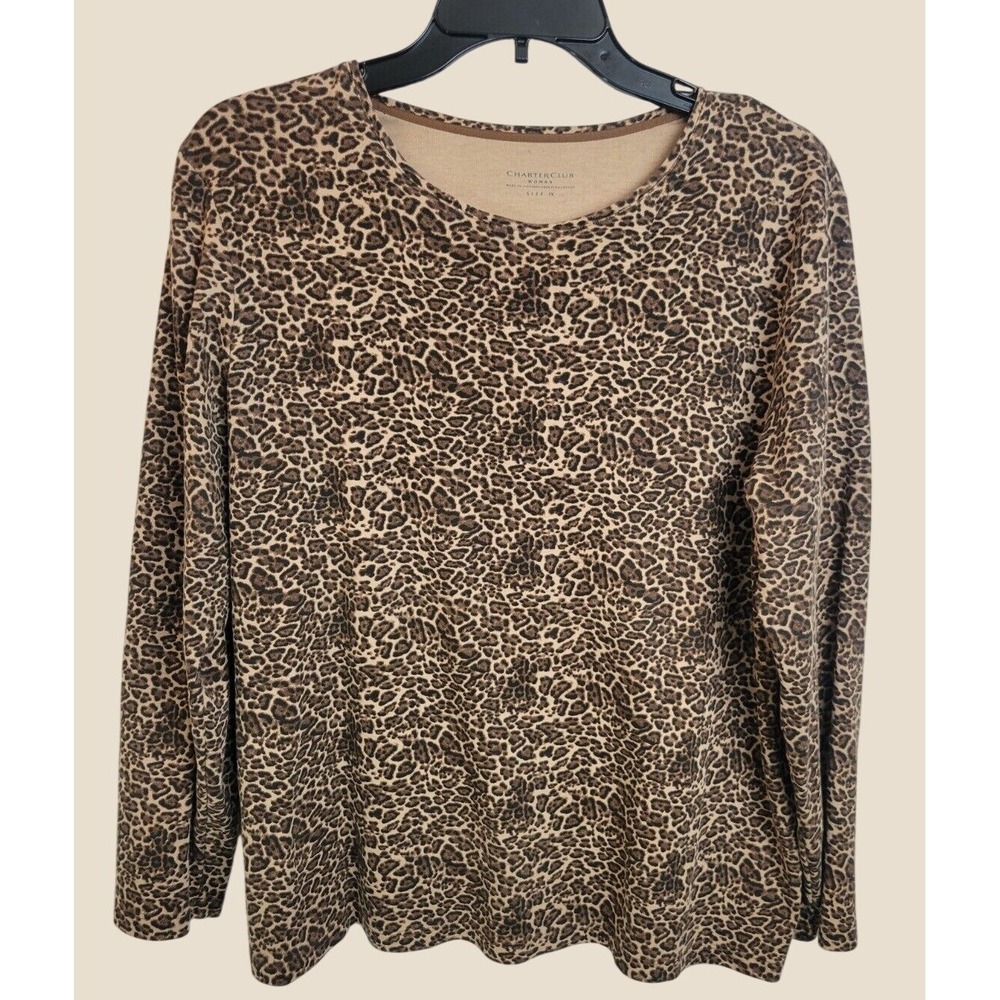 Charter Club Top Leopard Print Pima Cotton Long Sleeve Tee Brown Plus Size 1X